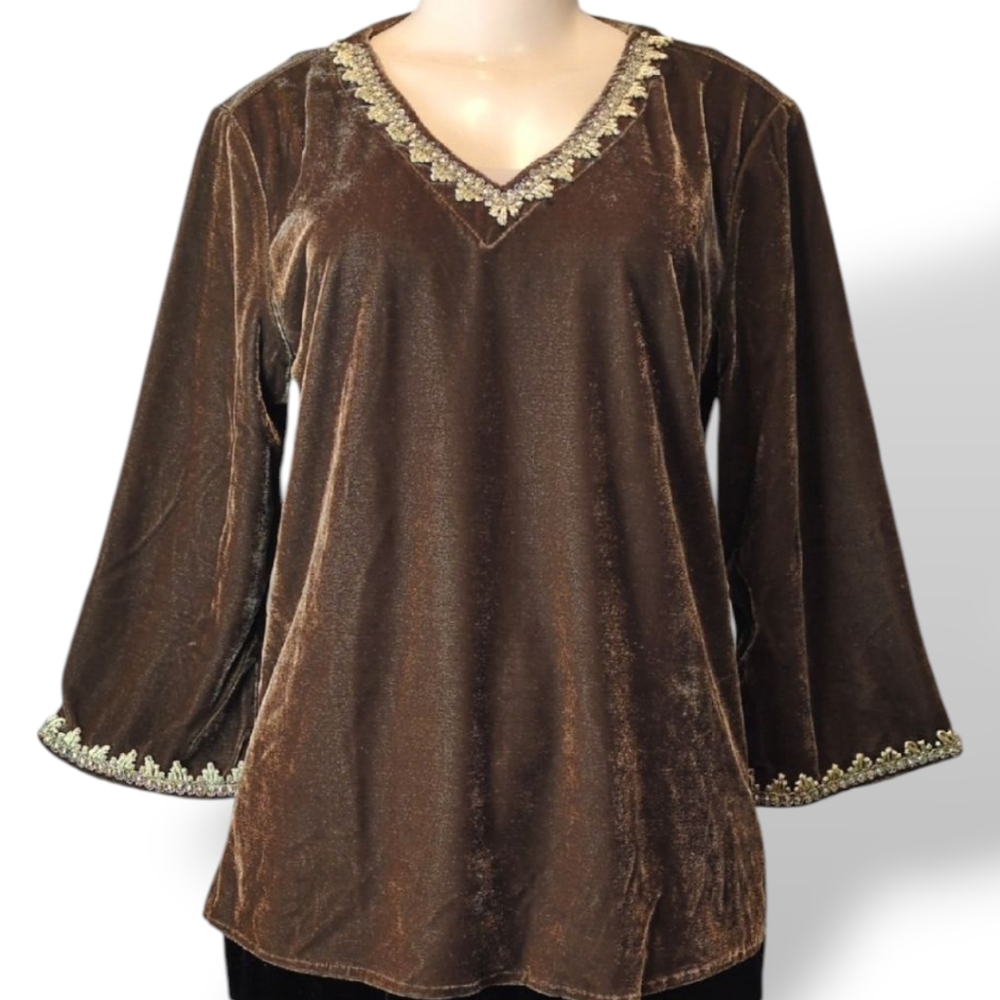 Vintage Selene Sport Brown Velour V-Neck Tunic Top Gold Trim 3/4 Sleeve Medium